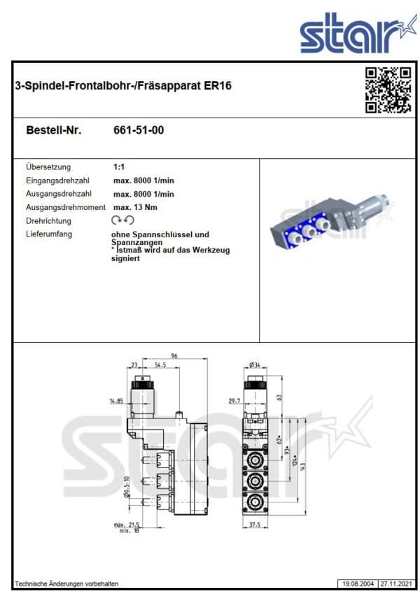 Werkzeughalter AGW_Star -3-Spindel-Frontalbohr-Fräsapparat ER16_Nr.661-51-0 (IntNr202101166) – Bild 2