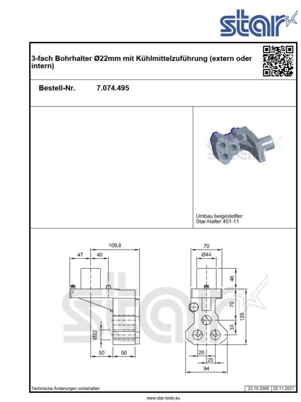 STAR 3-fach Bohrhalter Ø22mm mit Kühlmittelzuführung (extern oder intern) IntNr231120 – Bild 2